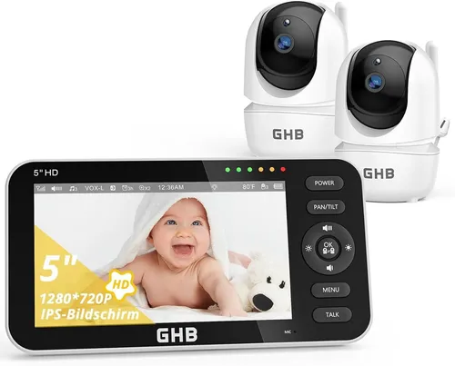 GHB Babyphone mit 2 Kameras - 5 Zoll HD IPS-Display - Video-Babyfone mit 720P HD Auflösung und Infrarot-Nachtsicht, ideal für sichere und einfache Überwachung Ihres Babys, unterstützt bis zu 4 Kameras.