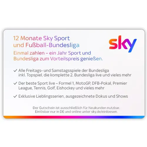 SKY Sport 12 Monate Digital Code – Unbegrenzter Sportgenuss - Erlebe 12 Monate SKY Sport mit diesem Digital Code. Genieße spannende Live-Übertragungen und exklusive Inhalte in bester Qualität. Ideal für Sportfans!