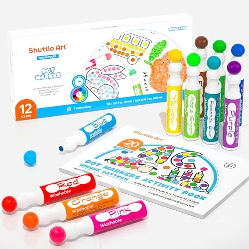 Shuttle Art Dot Markers - 12 Waschbare Punktmarker für Kinder - 12 leuchtende Farben in praktischen Flaschen, ideal für kreative Kinderkunst. Inklusive 30 Mustern im Aktivitätsbuch. Ungiftige, wasserbasierte Tinte, leicht abwaschbar und sicher für kleine Hände.