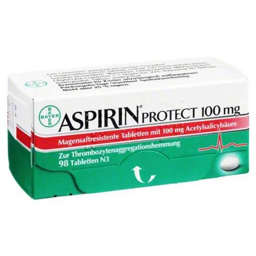 Aspirin Protect 100mg 98 ST - Arzneimittel zur Thrombozytenaggregationshemmung, schützt vor Blutgerinnseln und ist wichtig zur Vorbeugung von Herzinfarkten und Schlaganfällen.