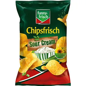funny-frisch Chipsfrisch Sour Cream 150g - Chips, hauchdünn und knusprig, mit frischen Kräutern und cremigem Sauerrahm. Glutenfrei, vegetarisch und vegan – der perfekte Snack für jeden Anlass!
