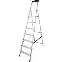 KRAUSE Stehleiter Safety 1x7 Stufen - Leiter für Baustellen und Innenräume, mit einer Arbeitshöhe von ca. 350 cm und maximaler Belastbarkeit von 150 kg. Zusammenklappbar und mit rutschsicheren Fußkappen für sichere Nutzung.