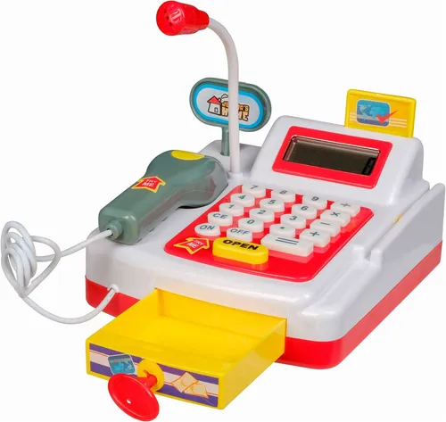 Happy People Spielkasse mit Rechnerfunktion und LCD Bildschirm - Interaktive Spielkasse mit Sound, Mikrofon und Scanner für ein realistisches Einkaufserlebnis. Inklusive Kreditkarte und Schlüssel, um das Kassenfach zu öffnen. Erforderlich: 2 Mignonbatterien (nicht enthalten).