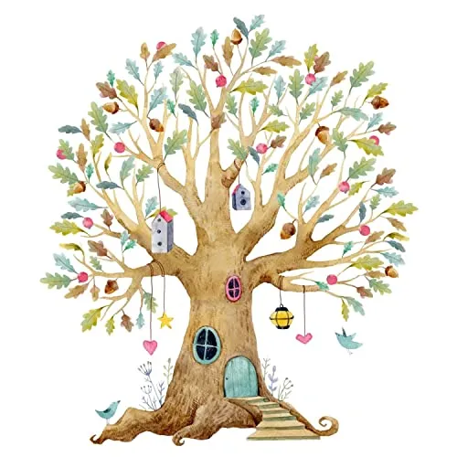Wandtattoo bunter Baum Eiche Elfenbau Haus Größe 1500 x 1750 mm - in 2 Größen - Kinderzimmer Sticker Wandaufkleber Wandsticker Wanddeko Wandbild 241