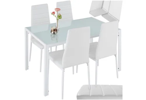 tectake® 5-teiliges Esszimmergruppe mit Kunstlederbezug - Essgruppen-Set mit elegantem Design, hoher Sitzkomfort und pflegeleichtem Kunstlederbezug für jede Wohnumgebung.