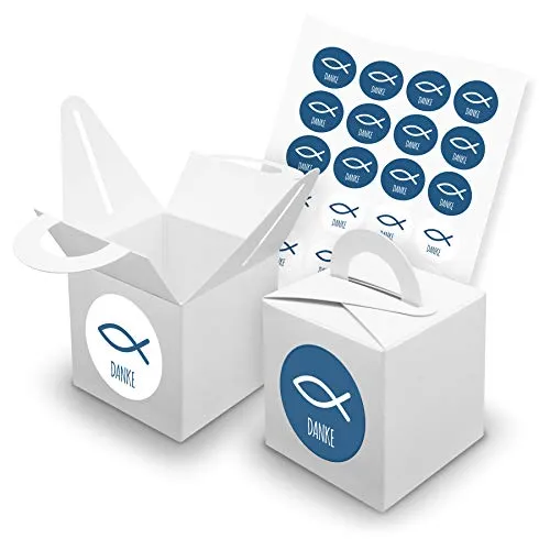 itenga Set Fisch 24x Würfelbox mit Griff inkl Aufkleber Sticker für Gastgeschenke Taufe Kommunion Konfirmation (Blau (mit Text), Karton (Weiß))