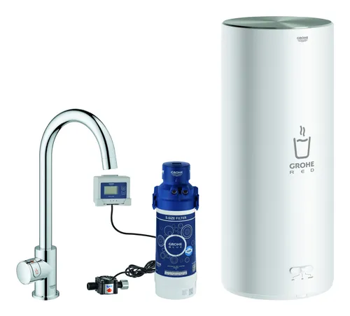 Grohe Red Mono Standventil mit C-Auslauf und Boiler Größe L - Chrom - Küchenarmaturen, bietet sofort heißes Wasser für perfekte Tees und Suppen, energieeffizient und stilvolles Design