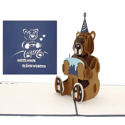 Pop Up 3D Karte "Teddybär mit Torte - blau" Geburtstagskarte, Glückwunschkarte