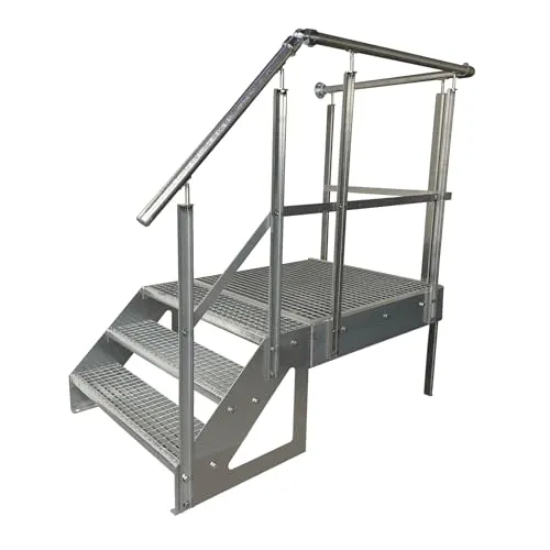 Stahltreppe Freistehend 3 Stufen mit Podest 100x100cm - Wetterfeste und korrosionsgeschützte Außentreppe, ideal für verschiedene Anwendungen. Made in Germany mit 3 Jahren Herstellergarantie. Einfache Montage dank mitgeliefertem Edelstahl Schrauben Set.