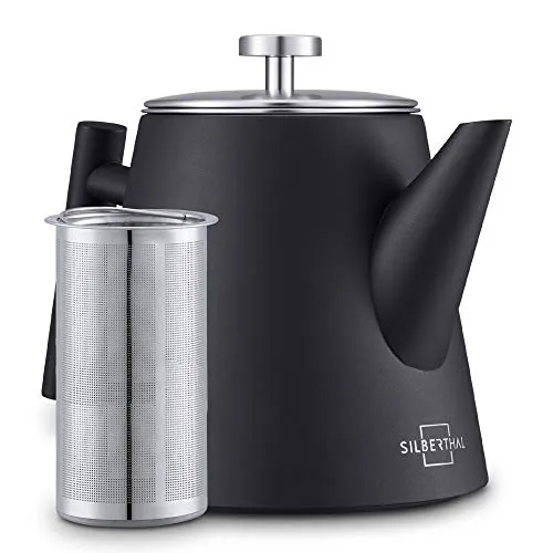 SILBERTHAL Teekanne Edelstahl mit Siebeinsatz (1L) Schwarz - Doppelwandig mit Thermofunktion, hält Tee bis zu 1h warm und ideal für Teeliebhaber