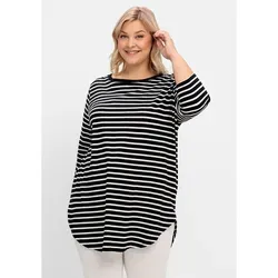 Longshirt SHEEGO "Große Größen", Damen, Gr. 48/50, schwarz-weiß (schwarz, weiß), Obermaterial: 95% Baumwolle, 5% Elasthan, gestreift, sportlich, figurumspielend lang, Rundhals, 3/4-Ärmel, Shirts, mit Streifen und Nacken-Reißverschluss