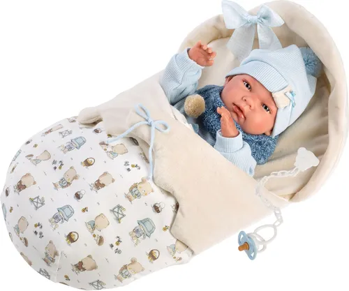 Llorens 1073885 Puppe Nico - Babypuppe mit blauen Augen und Kuschelsack - Hochwertige 40 cm Babypuppe aus zartem Vinyl, handgefertigt in Spanien. Mit ausdrucksstarkem Gesicht und liebevoller Bekleidung aus echter Wolle - das perfekte Geschenk für jeden Anlass.