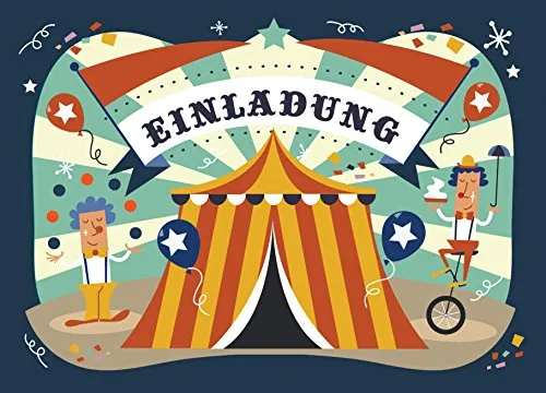 CardWheels 12 Einladungskarten Zirkus zum Kindergeburtstag + 13 Aufkleber GRATIS - für Jungen und Mädchen/Circus Zirkusparty Mitgebsel Geburtstagseinladungen Karten Einladungen Geburtstag Kinder