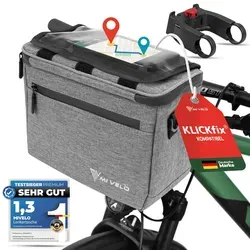 KlickFIX Lenkertasche "OSKAR" mit Handyfach - Grau, Bestseller - Fahrradtaschen - Praktische Lenkertasche mit Handyfach für einfachen Zugriff auf Ihr Smartphone während der Fahrt.