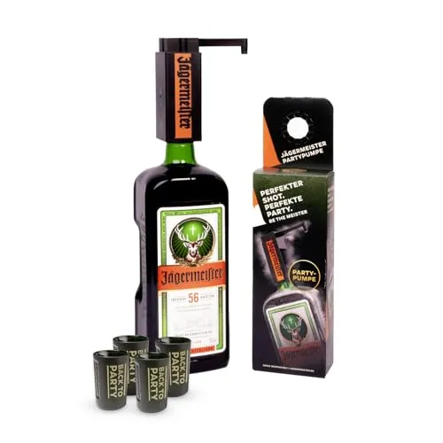 Jägermeister Kräuterlikör 35% Vol. 1,75l - Geschenkbox mit Partypumpe und 4 Shotgläser, ideal für die nächste Feier oder Party