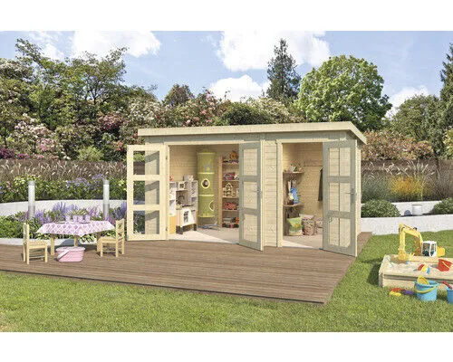 Gartenhaus ZAMBEZI XL 400x260 cm - Modernes Holzhaus von Lasita Maja - Gartenhaus, modernes Design aus naturbelassenem Holz, abschließbar und einfach zu montieren – ideal für Gartenliebhaber und als Stauraum.