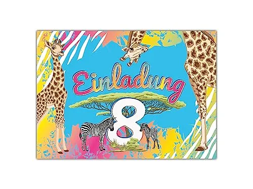 Limonia 12 Einladungskarten zum 8. Geburtstag Einladung Kindergeburtstag Mädchen Jungen Safari Giraffe Zebra Pferd Sahara