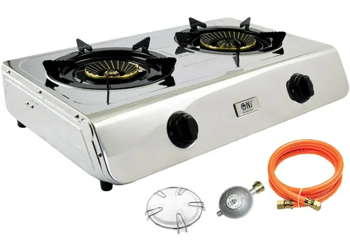 NJ-60 Edelstahl Gaskocher 2 flammig - Campingkocher mit 7,6 KW Leistung, ideal für Outdoor-Abenteuer und Grillpartys. Robuste Edelstahl-Oberfläche sorgt für Langlebigkeit und einfache Reinigung.
