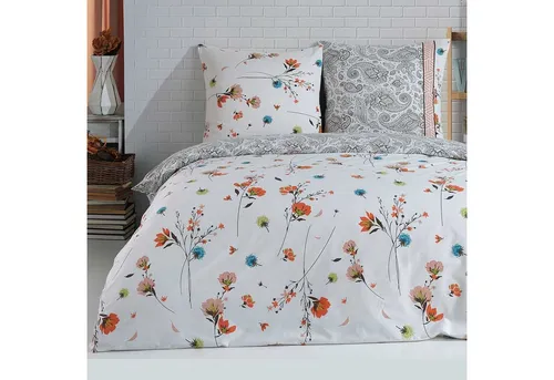 Buymax Bettwäsche Adalia, 2-teiliges Set 155x220 cm aus 100% Baumwolle - Bettwäsche-Set mit floralem Design in Weiß und Orange, inklusive Bettbezug und Kissenbezug, pflegeleicht und mit verdecktem Reißverschluss für einfaches Handling.