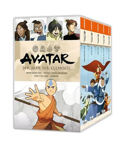 Avatar - Der Herr der Elemente Schuber: Softcover Sammelbände 1-5 - Erlebe die komplette Geschichte von Avatar in einem stilvollen Schuber. Die Softcover-Ausgaben 1-5 bieten spannende Abenteuer und sind ideal für jeden Fan der Reihe. Perfekt zum Sammeln und Verschenken!','category':'Bücher