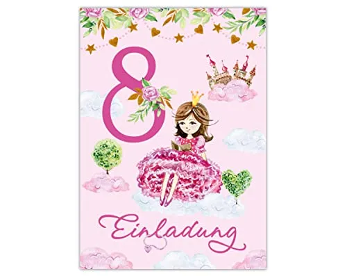 Junapack 12 Einladungskarten zum 8. Kindergeburtstag Einladung zum achten Geburtstag Mädchen Prinzessin mit Einhorn