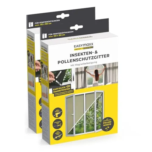 EASYmaxx Insektenschutz-Fensterrahmen Fliegengitter 150 x 180 cm, 2er Set - Insektenschutzrahmen für Fenster, schützt vor Insekten und Pollen, einfache Montage ohne Bohren und Werkzeug, ideal für Allergiker und frische Luft im Sommer.