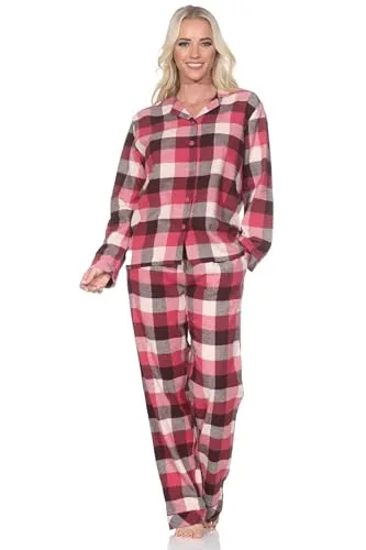 Normann Damen Flanell Schlafanzug lang, Beere, Größe 48-50 - Kuscheliger Flanell Schlafanzug für kalte Nächte, ideal als Nachtwäsche oder Homewear. Klassischer Stil mit Hemdkragen und Knopfleiste, aus atmungsaktiver Baumwolle für hohen Tragekomfort.