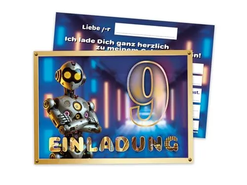 Einladungskarten zum 9. Geburtstag - Geburtstagseinladung Einladung zum Kindergeburtstag Kinderparty Techno-Party für Jungs Kinder Science High-Tech Künstliche Intelligenz Roboter Neonfarben 12