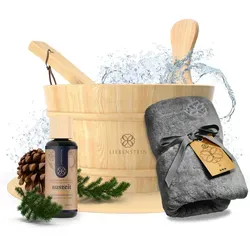 Liebenstein Sauna - Wohlfühl-Set: Saunaeimer, Saunahandtuch und Aufguss - Saunazubehör für den perfekten Saunagang: Enthält ein hochwertiges Saunahandtuch, einen 4-Liter Saunaeimer und den erfrischenden Aufguss 'Auszeit'.