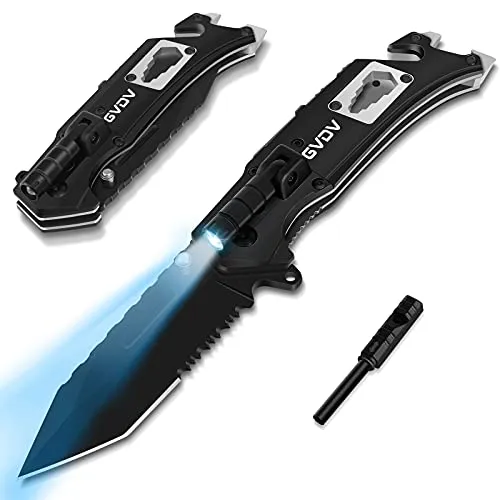 GVDV 440C Edelstahl Klappmesser - 9 in 1 Multifunktions Taschenmesser mit Gurtschneider, Glasbrecher und Flascheöffner, Outdoor Survival Messer für Wandern Camping