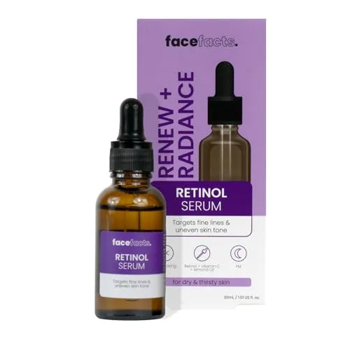 Face Facts Renewing Facial Night Serum; Sanftes Retinol (Vitamin A), feuchtigkeitsspendendes Reisprotein und aufhellendes Vitamin C, erneuert und beleuchtet; zielt auf feine Linien und unebenen