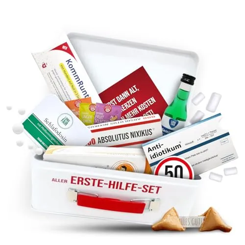 Longfair 50. Geburtstag | Erste Hilfe Set Geschenk-Box, witziger Sanikasten | 8-teilig | Spaßgeschenk zum 50. Geburtstag