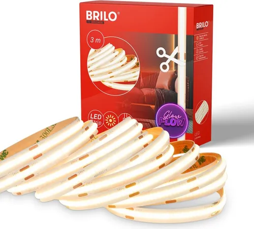 Briloner COB LED Strip 3m - Warmweiß, Selbstklebend & Kürzbar - LED Streifen mit 1.440 LEDs für eine durchgehend leuchtende Oberfläche, ideal für Wohnzimmer und Schlafzimmer. Selbstklebend und kürzbar für flexible Installationen.