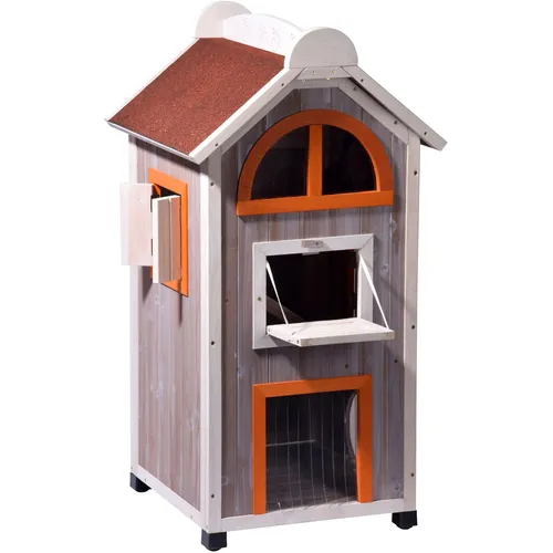 Dobar Großes Katzenhaus Fancy Cat aus Holz - Katzenmöbel - Robustes Holzhaus mit wetterfestem Dach, ideal für drinnen und draußen, bietet 6 Öffnungen auf 3 Stockwerken für optimale Bewegungsfreiheit.