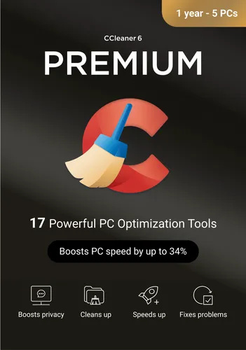 CCleaner Premium 5 PC - 1 Jahr Lizenz mit Recuva & Speccy - Hilfsprogramme & Tools: Optimieren Sie Ihr System mit CCleaner Premium für bis zu 5 Geräte und genießen Sie eine 1-jährige Lizenz für umfassende Reinigung und Performance-Steigerung.