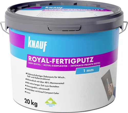 Knauf Royal-Fertigputz 20 kg - schneeweißer Hochleistungsputz - Trockenbauplatten mit 1,0 mm Körnung, ideal für glatte Oberflächen und einfache Verarbeitung, perfektes Ergebnis für Ihre Innenräume.