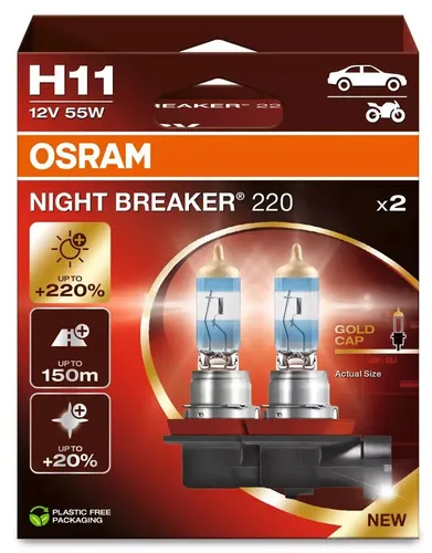 OSRAM NIGHT BREAKER 220 H11 - 220% mehr Helligkeit, Halogen-Scheinwerferlampe für bessere Fahrsicherheit und Sichtbarkeit
