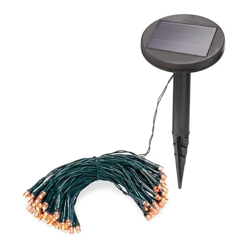 Esotec Solar Lichterkette außen mit 60 bernsteinfarbenen LEDs, 6m LED Kette, Zuleitung 2m, Dauer-/ Blinklicht, Akku, Solarmodul, Erdspieß, Weihnachtsbeleuchtung 102172
