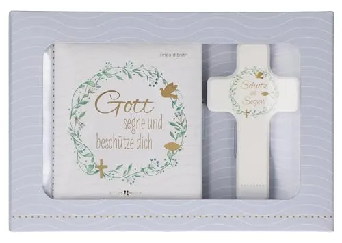 Butzon & Bercker Geschenkset zur Taufe 15 x 22 x 2 cm – Holzkreuz aus Buchenholz weiß lackiert mit Taufspruch, gebundenes Buch 11 x 11 cm, Lieferung in Geschenkverpackung: Geschenkset