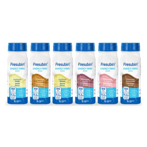 FRESUBIN Energy Fibre Drink Mischkarton, 24 x 200 ml - Hochkalorische Trinknahrung (1,5 kcal/ml) mit präbiotischen Ballaststoffen für eine gesunde Verdauung. Laktosearm, glutenfrei und in 6 leckeren Geschmacksrichtungen erhältlich. Ideal zur ergänzenden Ernährung.