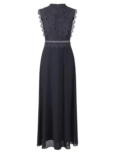 APART Fashion Damen ärmelloses Spitzenabendkleid mit transparentem Rücken - Elegantes Maxikleid mit detaillierter Spitze, ideal für formelle Anlässe. Bequemer Schnitt und leichtes Material sorgen für ein angenehmes Tragegefühl. Erhältlich in verschiedenen Größen und Farben.