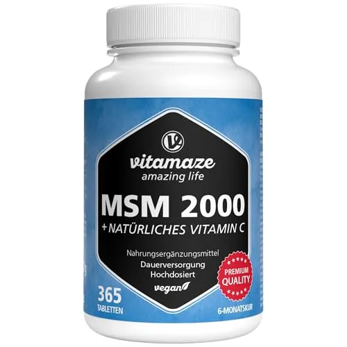 MSM 2000+ Vitamin C Acerola Tabletten - Arzneimittel mit hochdosiertem MSM und natürlichem Vitamin C aus Acerola für normale Kollagenbildung und Energiestoffwechsel, ideal für aktive Lebensstile.