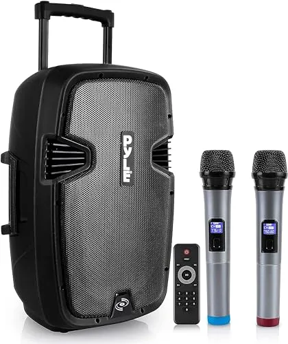 Pyle Karaoke tragbares PA-Lautsprechersystem 1600 W - Musikanlagen mit 1600 Watt Leistung, ideal für Karaoke und öffentliche Veranstaltungen. Inklusive Bluetooth, kabellosen Mikrofonen und wiederaufladbarem Akku für maximalen Spaß überall.