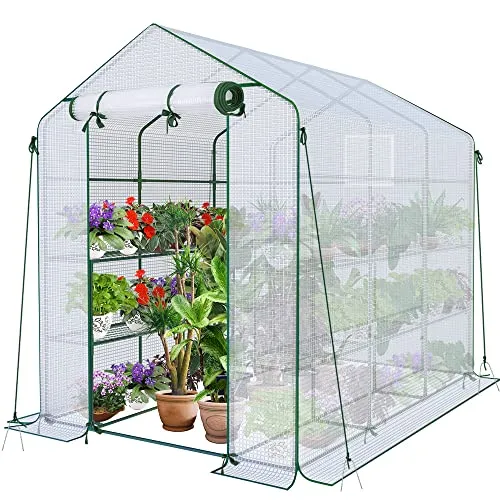 VOUNOT® Gewächshaus Foliengewächshaus, begehbares Gartenhäuschen mit 12 Regalebenen, Tomatenhaus Tomatengewächshaus, Weiß 143x215x195cm