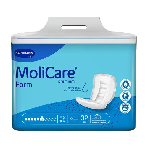 Hartmann MoliCare Premium Form extra plus 6 Tropfen - Sparpaket (4 x 32 Stück) - Inkontinenzeinlagen für mittlere Harn- und Stuhlinkontinenz, mit anatomisch geformtem Saugkörper für sofortige Trockenheit und pH-hautneutral für Hautschutz.