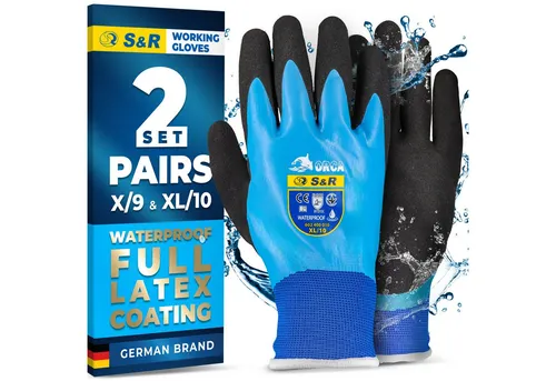 S&R Arbeitshandschuhe Profi-Arbeitshandschuhe, vollständig Latex-beschichtet, wasserdicht (Set, 4-St., 2 Paar L / 9) Wasserdichte Schutzhandschuhe für Außenarbeiten, Industrie etc.