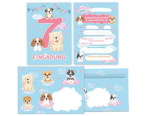 Junapack 12 Einladungskarten incl. 12 Umschläge zum 7. Kindergeburtstag Einladung zum siebten Geburtstag Mädchen Hunde