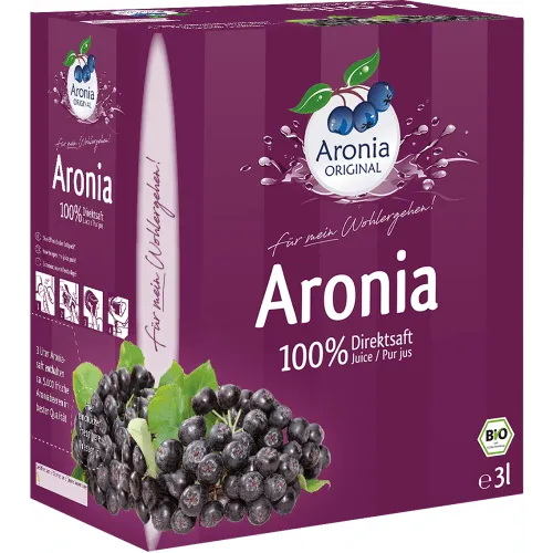 Aroniasaft 100% Direktsaft bio (3000ml) - Reiner Aronia-Direktsaft aus kontrolliert biologischem Anbau, schonend gepresst in Sachsen. Ideal zur Unterstützung einer gesunden Ernährung.