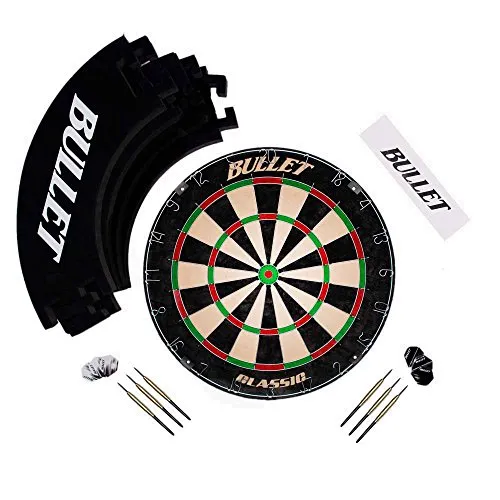 BULLET-Darts Steeldart Turnierset mit 6 Dartpfeilen und Zubehör - Erleben Sie professionelles Dart-Vergnügen mit dieser hochwertigen Sisal-Dartscheibe. Das Set enthält alles Notwendige, inklusive einer Wurflinie für den perfekten Abstand und einem schützenden Surroundring.