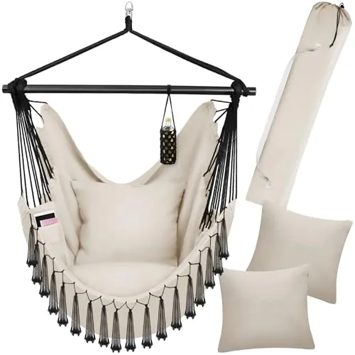 tectake Hängesessel Malika - Boho-Style mit 150kg Tragkraft - Hängesessel im angesagten Boho-Style, ideal für entspannte Stunden. Mit extra dicken Kissen und einer Tragkraft von 150kg bietet er maximalen Komfort.